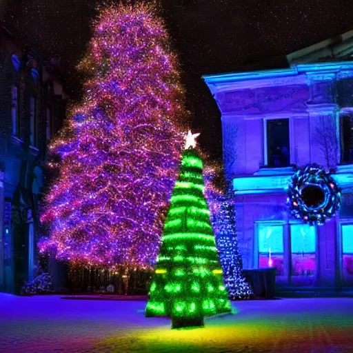 Image similar to a christmas tree made out of neon lights in a dark room, hyperrealistic photograph