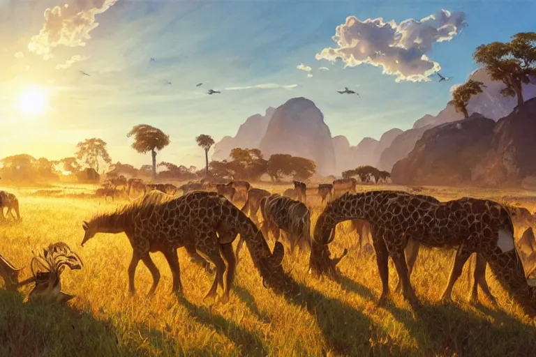 Image similar to a herd of pentasaurus grazing in a warm, sun-filled Savannah at the golden hour, water color, art by artgerm and greg rutkowski and alphonse mucha and jin xiaodi and anthony devine