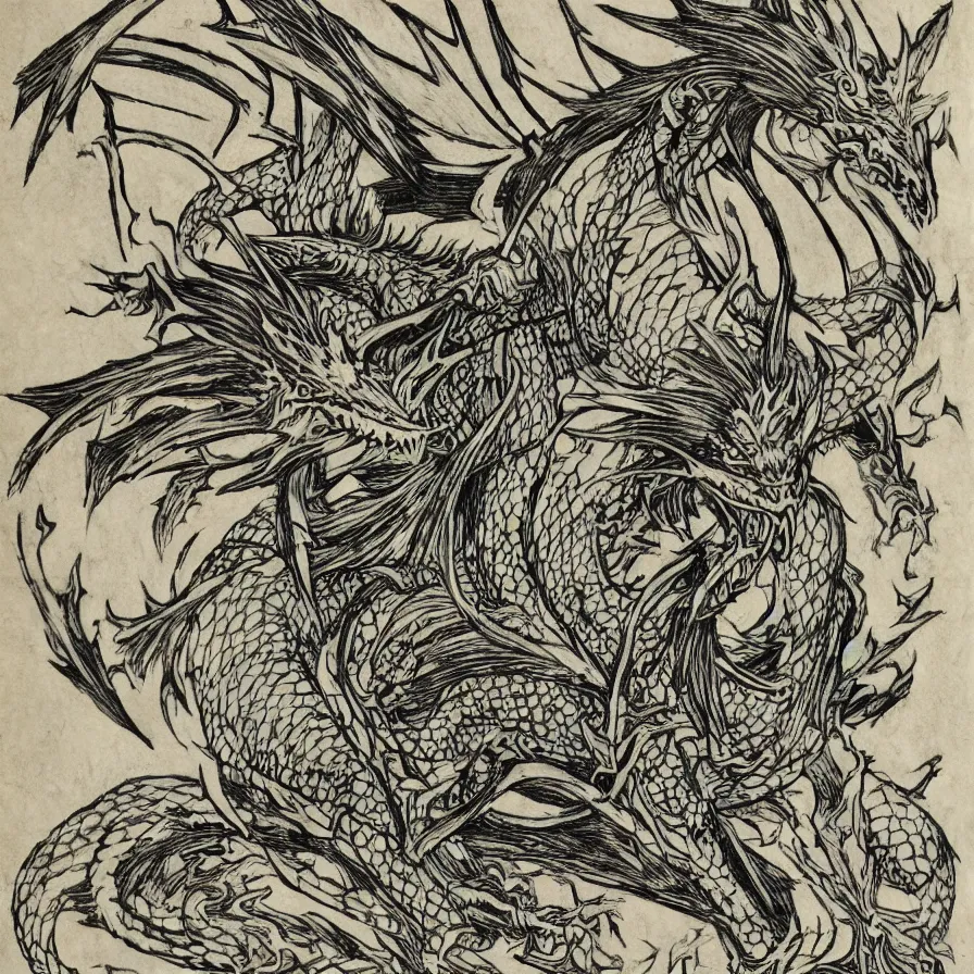 Image similar to Lucina from Fire Emblem as a dragon, traditional Japanese woodcut