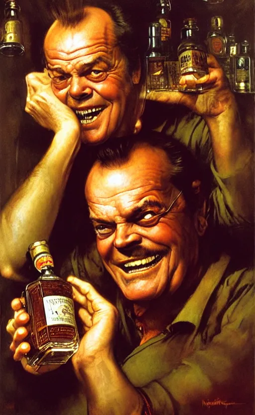 Prompt: illustration of jack nicholson inside a bottle of whiskey, by norman rockwell, roberto ferri, daniel gerhartz, edd cartier, jack kirby, howard brown, ruan jia, tom lovell, jacob collins, dean cornwell