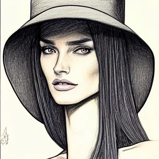 Image similar to drawing portrait of beautiful gorgeous woman with hat by Moebius science fiction