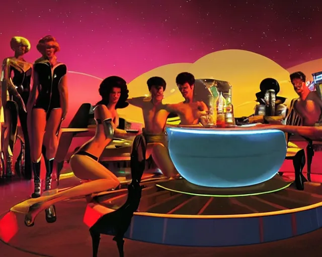 Image similar to a scene from a fictional retro scifi movie, where the crew of a spaceship are huddled over a console drinking coctails. in the style of barbarella the movie