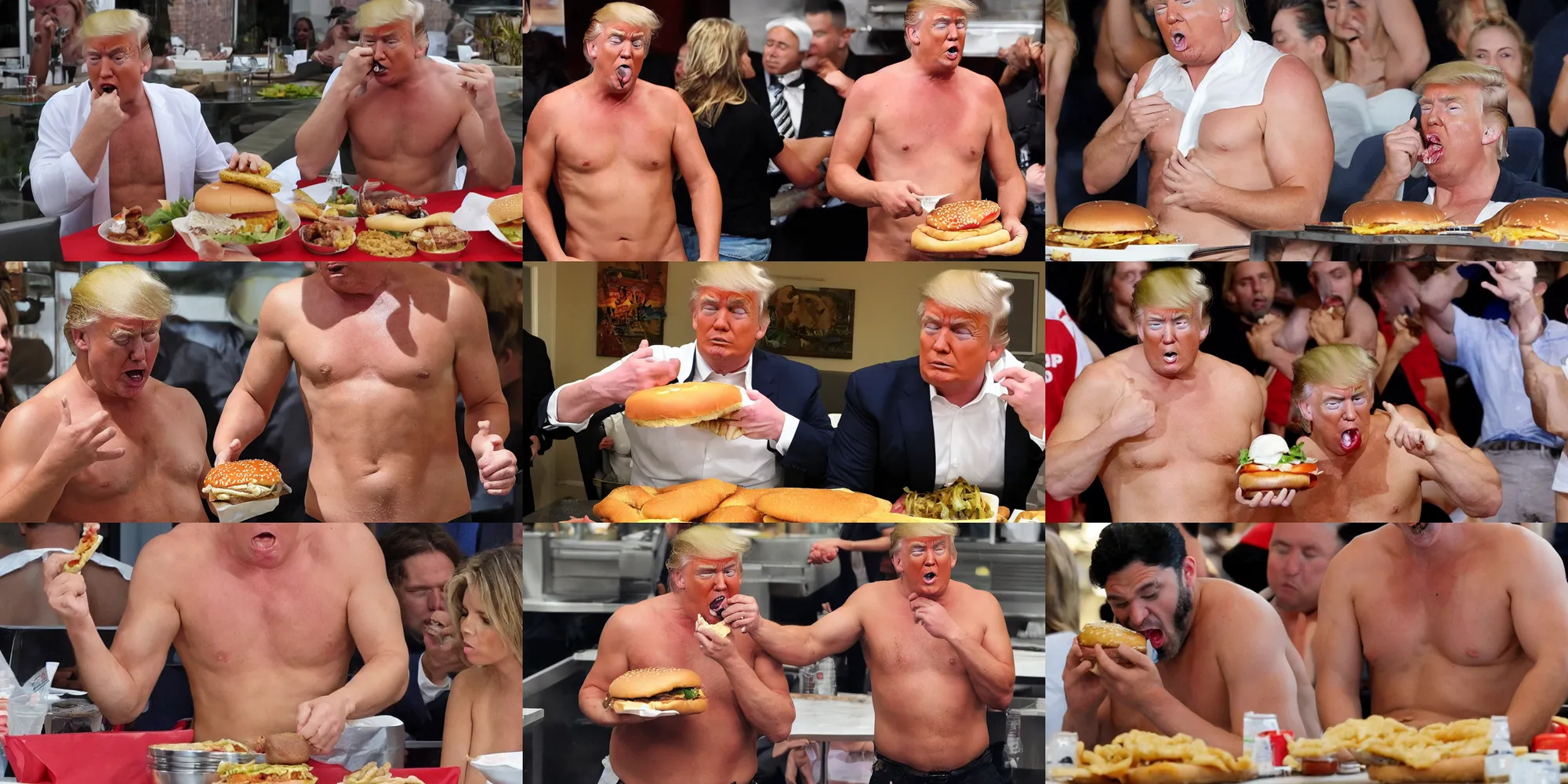Prompt: shirtless donald trump eating big hamburger fat dripping, munching, looking hungry