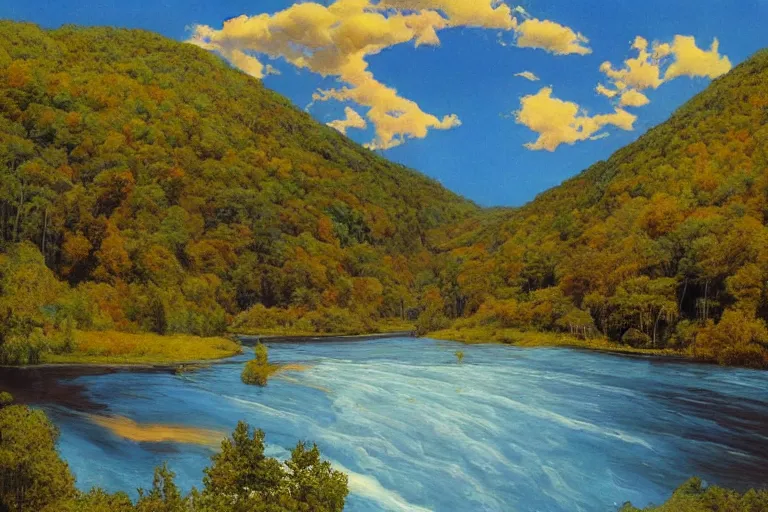 Prompt: two rivers converge to form one larger river, appalachian mixed mesophytic forest, vibrant blue sky background, by Cortes Thurman the greatest Barbizon-influenced concept artist ever known and by Joe Jusko, rendered in hyperdetailed Ultra HD, trending on ArtStation, tenebrous gouache on cedar plank