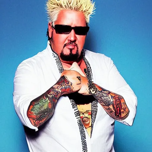 Prompt: guy fieri showing off his tattoo of guy fieri on his chest