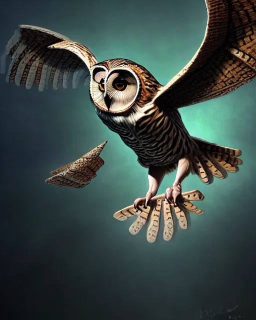 Image similar to an extremely detailed masterpiece painting of a fammulated owl in flight, in the style of brian froud, brian despain, brian bolland, digital art, unreal engine, volumetric lighting, dark moody lighting, trending on artstation, photorealistic, epic scene