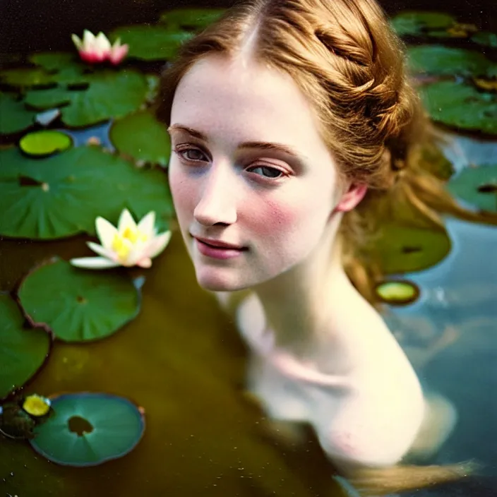 Image similar to Kodak Portra 400, 8K, soft light, volumetric lighting, highly detailed, britt marling style 3/4 ,view from above of close-up portrait photo of a beautiful woman how pre-Raphaelites painter, above water, part of the face is emerging of a pond with water lilies, , she has a beautiful lace dress and hair are intricate with highly detailed realistic beautiful flowers , Realistic, Refined, Highly Detailed, natural outdoor soft pastel lighting colors scheme, outdoor fine art photography, Hyper realistic, photo realistic,warm lighting,