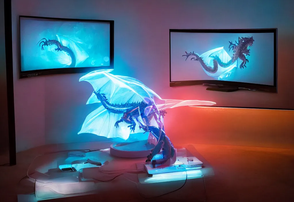 Prompt: curved transparent 3 dtv dragon popping out of tv, volumetric lighting, bedroom, visor, users, pair of keycards on table, bokeh, creterion collection, shot on 7 0 mm, instax