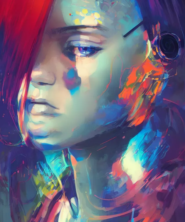 Image similar to half - circuits hacker girl with cute - fine - face, pretty face, multicolored hair, realistic shaded perfect face, fine details by realistic shaded lighting poster by ilya kuvshinov katsuhiro otomo, magali villeneuve, artgerm, jeremy lipkin and michael garmash and rob rey