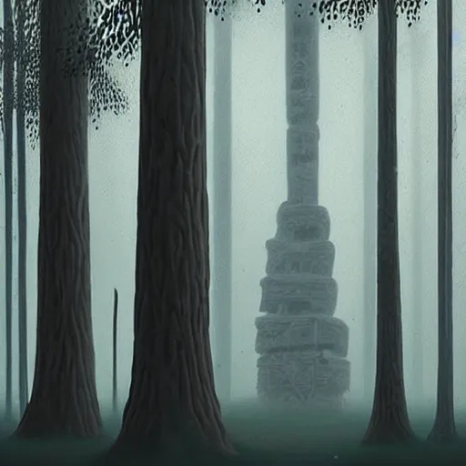 Image similar to monumental old ruins tower of a dark misty forest, overcast, sci - fi digital painting by simon stalenhag