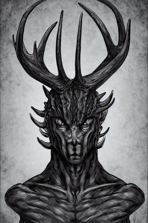 Image similar to humanoid figure monster with antlers, highly detailed, digital art, sharp focus, trending on art station, kentaro miura manga art style