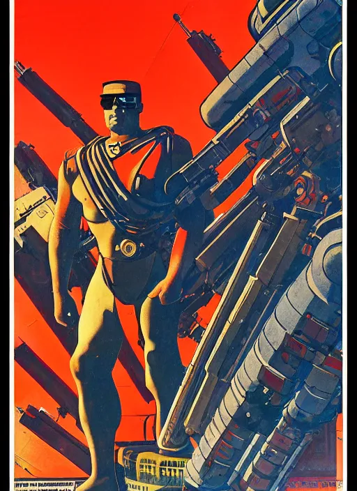 Image similar to soviet propaganda poster. cyberpunk heavy weapons guy. portrait by jean giraud and anton otto fischer and john philip falter and will eisner and gil elvgren