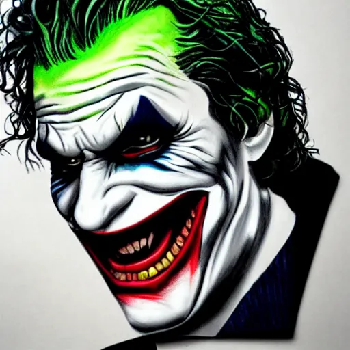 Prompt: the joker airbrush drawing, in the style of greg rutowski, hyper detailed