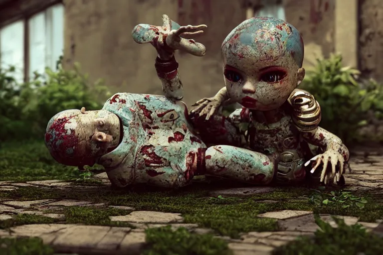 Prompt: Broken ugly toy doll lying on old courtyard with mud and an old playground between two soviet five-storey overgrown with ivy panel houses, high details, cinematic, 8k resolution, beautiful detailed, insanely intricate details, artstation trending, rule of third, octane render, unreal engine