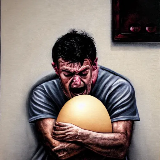 Prompt: man cries while holding giant egg sitting on the kitchen floor at night, painting, somber, moody lighting