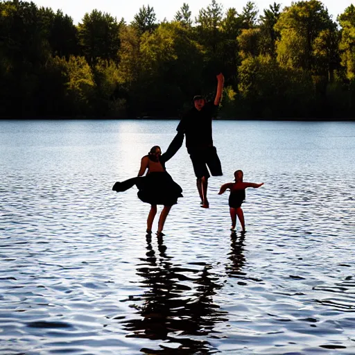 Image similar to family jumping off a dock into lake silhouette