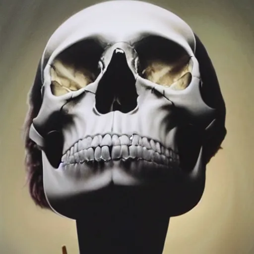 Image similar to A beautiful performance art of a skull that is part organic, part mechanic. It is an accurate representation of how the artist sees the world. by Gottfried Helnwein saturated