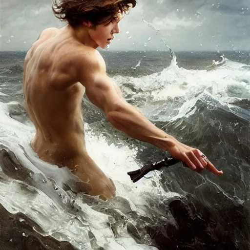 Prompt: epic battle brown haired boy summons a huge wave of water. photo realistic. realistic. extremely detailed. masterpiece. dramatic. rule of thirds. jc leyendecker. repin. ruan jia.