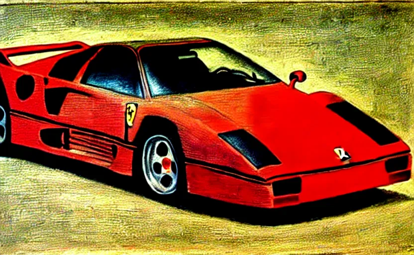 Image similar to Painting of a Ferrari F40, italian High Renaissance art by Leonardo da Vinci