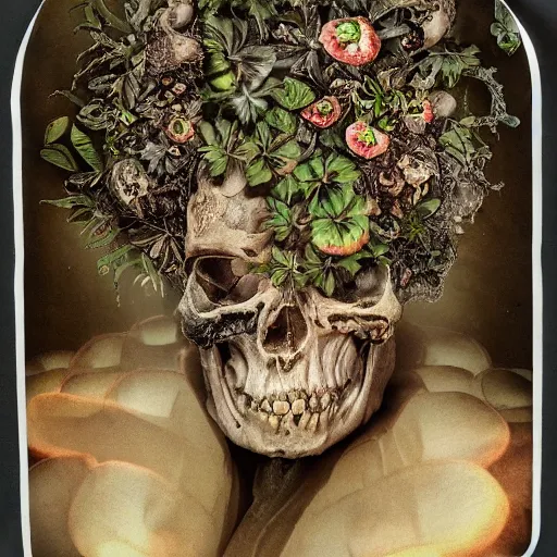 Image similar to a beautiful detailed front view portrait of a rotten woman corpse becoming a skull with fractal plants and fractal flowers and mushrooms growing around, baroque, volumetric light, beautiful lit, polaroid photography