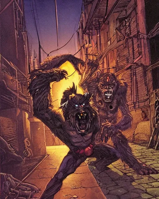 Image similar to a werewolf fighting a vampire in a dark brisbane alley, hd concept art by ron spencer and jean giraud and richard borden.
