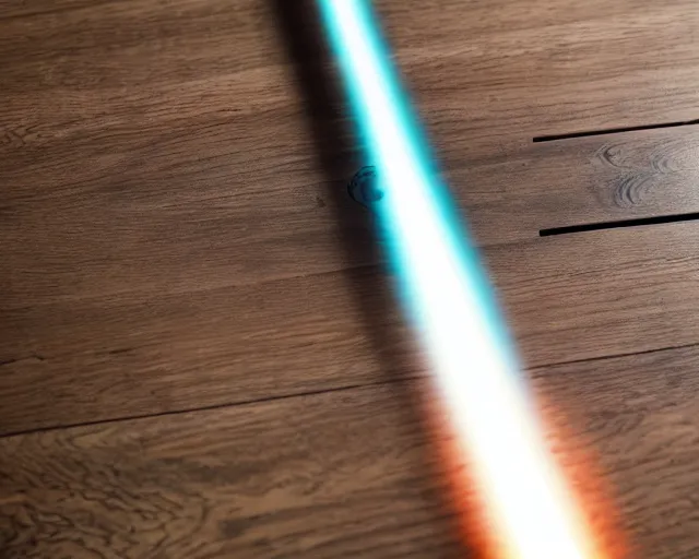 Image similar to a photograph of a lightsaber on a wooden table, very detailed, high definition,