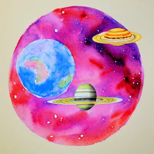 Image similar to a spaceship flying through a solarsystem in front of a pink planet, watercolor