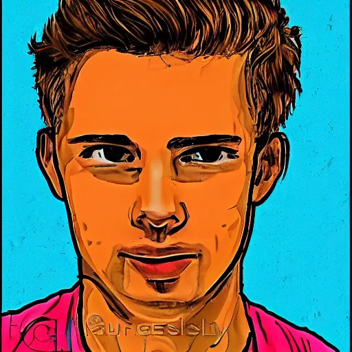 Image similar to a head - on comic - style colorful portrait of a 2 0 - something engineering student, brown messy hair, by laurie greasly