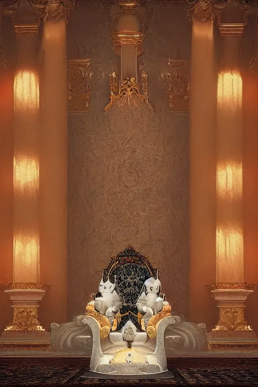 Prompt: “White cat is sitting on a throne in the royal palace in front of a crowd of worshipping humans. Retro colors. Detailed. Cinematic lighting. Artstation”