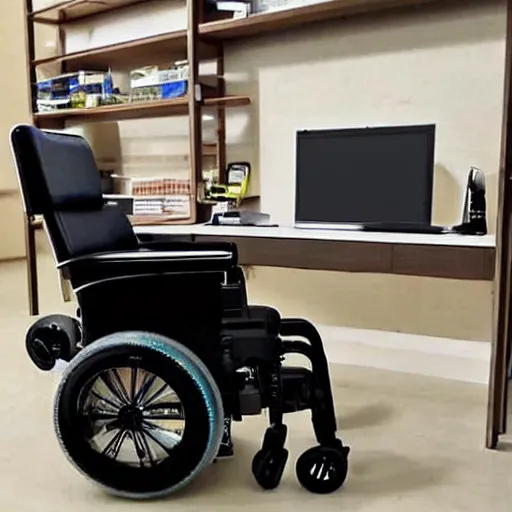 Image similar to a cyberpunk electric wheelchair equipped with a computer shelf that can be moved to work