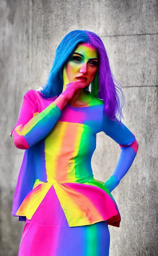Image similar to a full shot photo of rainbow dress woman, danish angle, streets, colorful, goddess, caucasian, feminine, nighttime, daytime, glow up, realistic, 8 k, hdr, extremely detailed