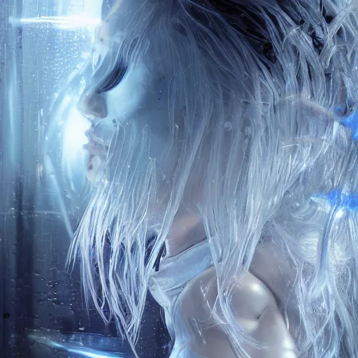 Prompt: blonde suspended weightless in water inside glass tank. wearing light blue complex hyperdetailed technical suit. white hair flowing. reflection. rays and dispersion of light. volumetric light. 5 0 mm, f / 3 2. noise film photo. ultra realistic, wide angle. wayne barlowe, hajime sorayama aaron horkey, craig mullins