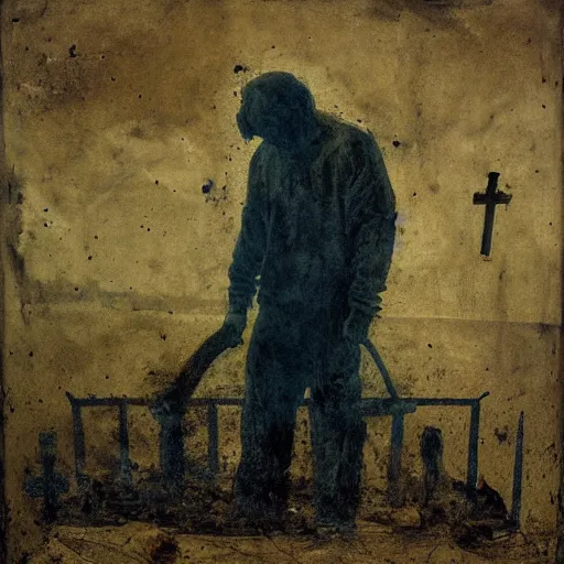 Image similar to one man in a cemetery digging up a dead body, by nicola samori, painting, 8 k, high detail, medium blue, orange, and dark green tones, high quality, sad feeling, high detail, dark colors, sinister atmosphere, dramatic lighting, cinematic, establishing shot, extremely high detail, photo realistic, cinematic lighting