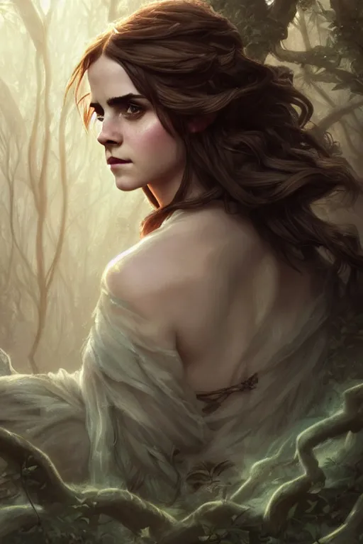 Image similar to goddess of the dark forest emma watson, highly detailed, digital painting, artstation, concept art, smooth, sharp focus, illustration, unreal engine 5, 8 k, art by artgerm and greg rutkowski and edgar maxence