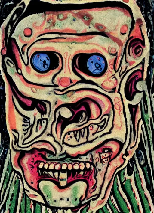 Prompt: a horror mad portrait of extraterrestrial art brut by a psycho man, full color outsider crazy marginal art