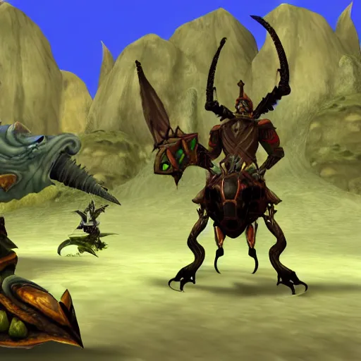 Image similar to warrior riding hercules beetle mount, facing camera, world of warcraft mount, psx graphics, fantasy mmorpg screenshot