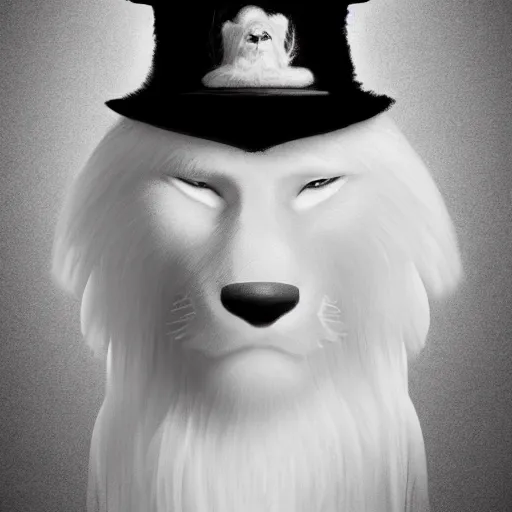 Image similar to portrait of a white panter with a very long fur and wizard hat, fantasy, trending on artstation, heroic pose, illustration, highly detailed, simple, 8k