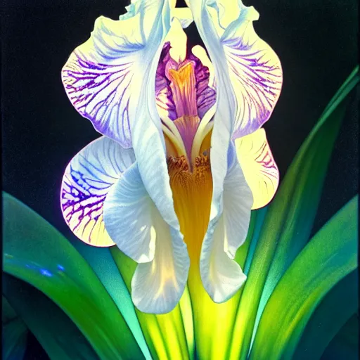 Image similar to detailed giant white holographic orchid iris hybrid flower, lsd water, lsd ripples, droplets, backlit, sunset, refracted lighting, art by collier, albert aublet, krenz cushart, artem demura, alphonse mucha