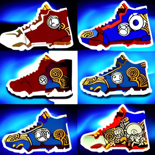 Image similar to fantasy jrpg sneaker design designed by capcom megaman, chrono trigger guilty gear sneaker styles, aztec mayan street fashion native punk sneaker design, focus on megaman hip hop sneaker design with subtle mayan patterns, trending on pixiv fanbox, painted by akira toriyama and studio ghibli princess mononoke megaman capcom