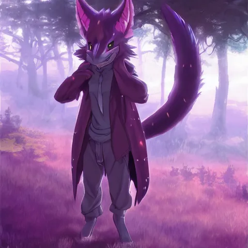 Image similar to concept art painting of an anthropomorphic purple anime anthro dragon, in the deep forest, realistic, detailed, cel shaded, in the style of makoto shinkai and greg rutkowski and james gurney