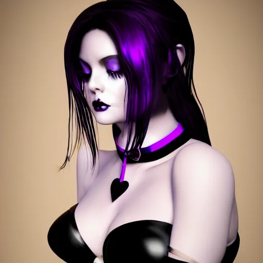 Image similar to curvy feminine goth woman with dignified elaborate tight purple-black-silver nylon and latex ballroom gown, black choker necklace, amorous posture, photorealistic, cgsociety, sublime, 16k, smooth, sharp focus, ArtStation, hyperdetailed, volumetric lighting