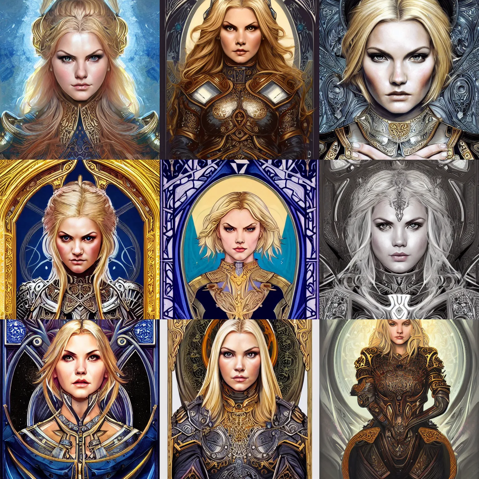 Prompt: head-on symmetrical centered painted portrait, Elisha Cuthbert as a paladin, blonde hair, ornate iron armour, art nouveau, tarot card style, fantasy, intricate, elegant, highly detailed, smooth, sharp focus, illustration, artstation, in the style of Artgerm and Anna Podedworna and Alex Ross and Mucha