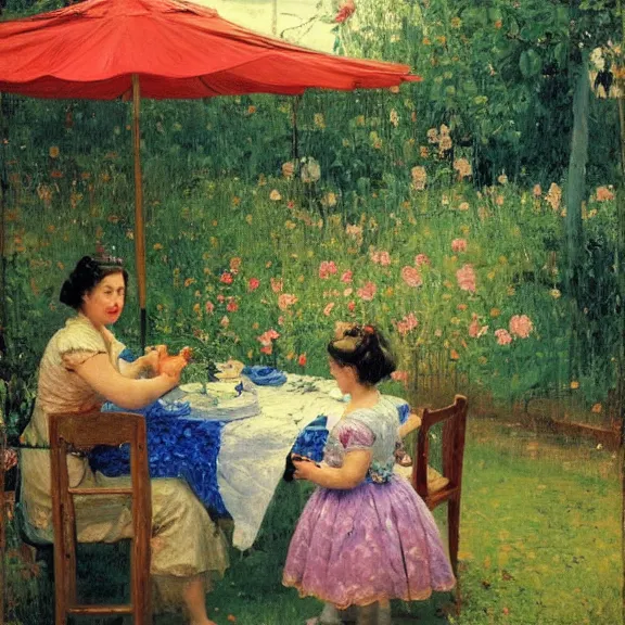 Image similar to a housewife and her daughter putting dishes on a table in the backyard, a tilted parasol sits above the table, a garden with colorful flowers in the background, rainy scene, 1 9 5 0's, medium symmetry, by ilya repin, extreme detail, 8 k, intricate abstract, photorealistic