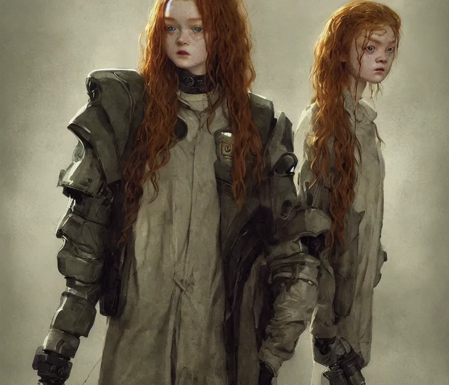 Image similar to sadie sink dressed in oversized school uniform : costume concept for a scifi cyberpunk film. by greg rutkowski, gustave courbet, greg staples, rosa bonheur. sharp focus, cinematic atmosphere, detailed and intricate, perfect anatomy
