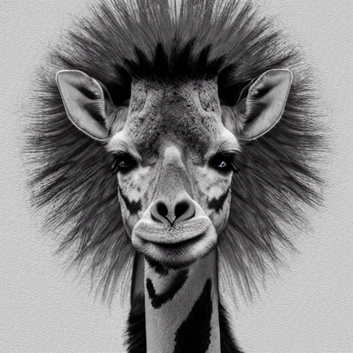 Image similar to portrait of a cute fluffy baby giraffe with long flowing lion mane with mohawk hairstyle hybrid animal detailed painting 4 k