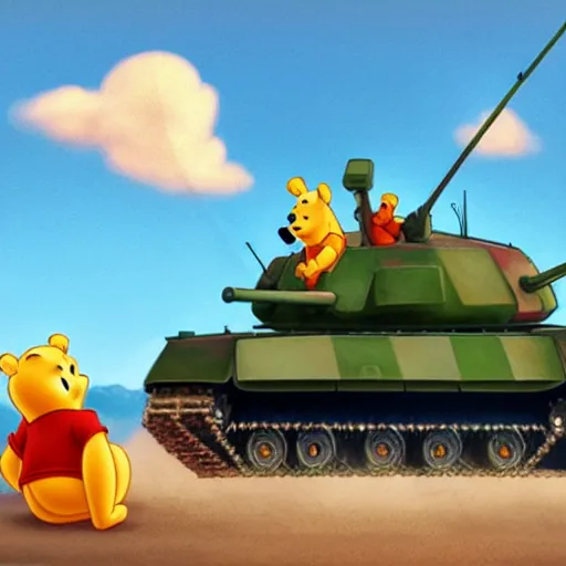 Image similar to winnie the pooh as tank man at tiananmen square sitting down in front of chinese tanks, award winning photography, extremely detailed, artstation, 8 k, sensual lighting, incredible art, wlop, artgerm