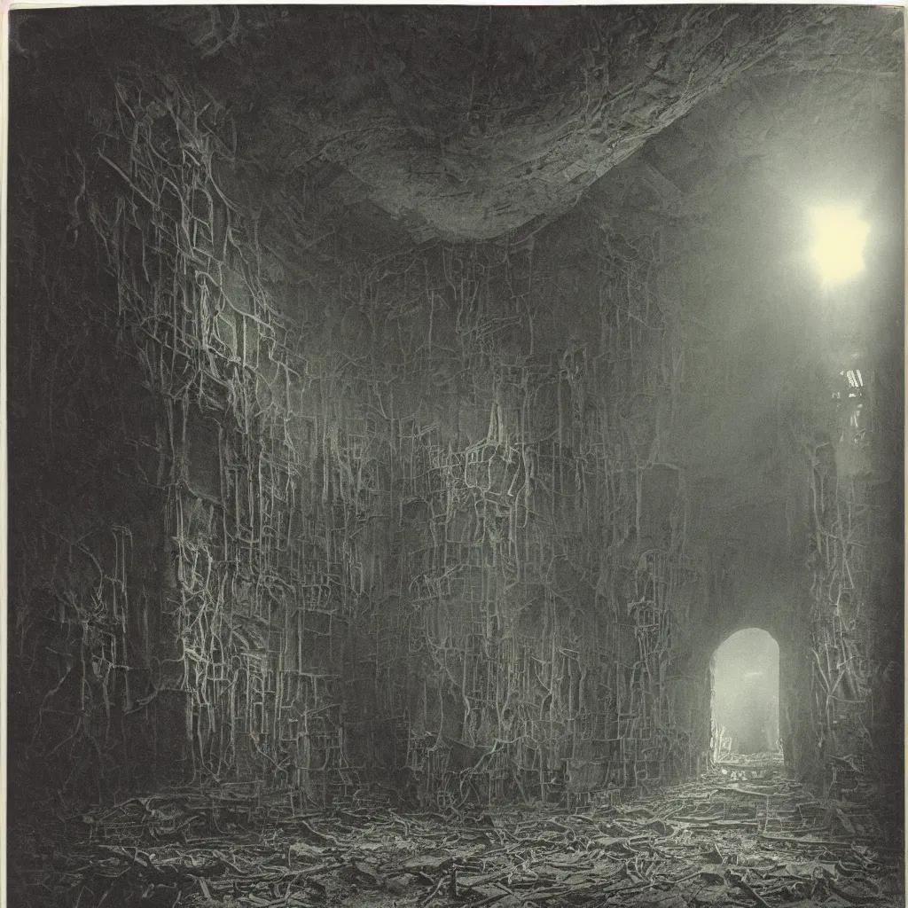 Prompt: old polaroid of a cloaked figure standing in the middle of an enormous and decaying maze, beautiful natural backlit, piranesi