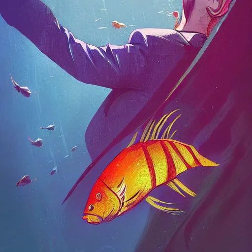 Prompt: a fish with a suit, by anato finnstark, by alena aenami, by john harris, by ross tran, by wlop, by andreas rocha