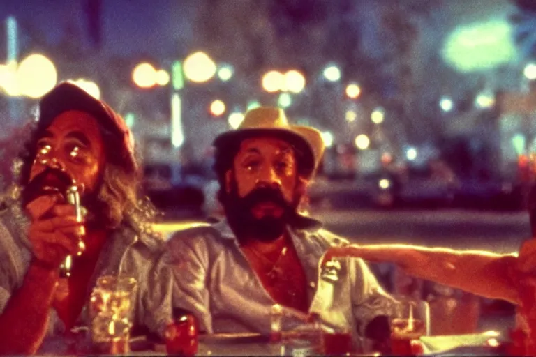 Prompt: cheech and chong in fear and loathing in las vegas movie, everyone is on psychedelic drugs, cinematic still, movie still, long lens, shallow depth of field, bokeh, anamorphic lens flare, 8 k