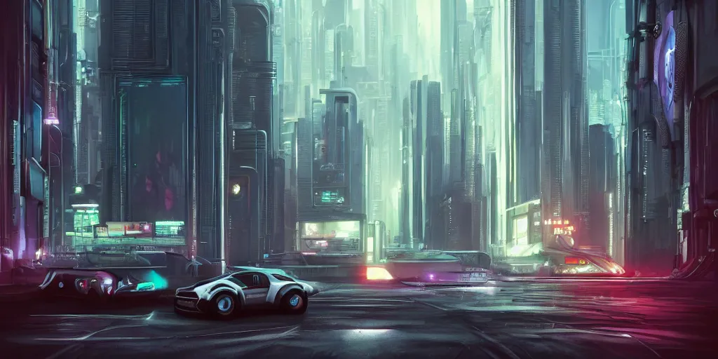 Image similar to a car driving down a street next to tall buildings, cyberpunk art by Vincent Lefevre, cgsociety, retrofuturism, matte painting, reimagined by industrial light and magic